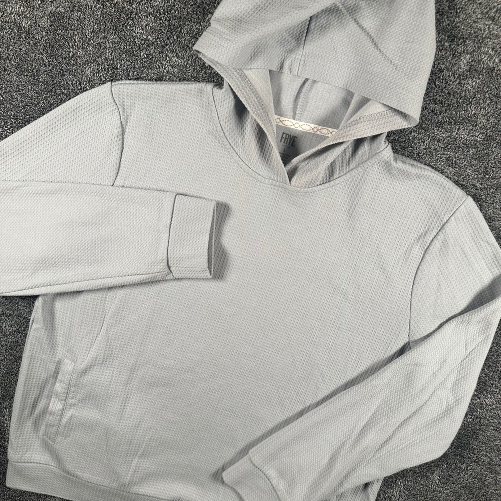 Frye Hoodie Mens Large Gray Waffle Knit Pullover Long Sleeve Pockets Logo Casual